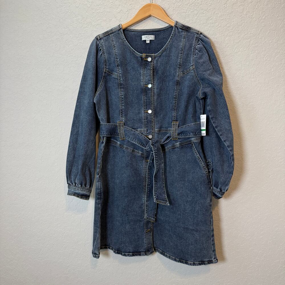 Habitual Fit and Flare Long Sleeve Denim Blue‎ Jean Tie Waist Dress Size L NEW - Picture 2 of 8